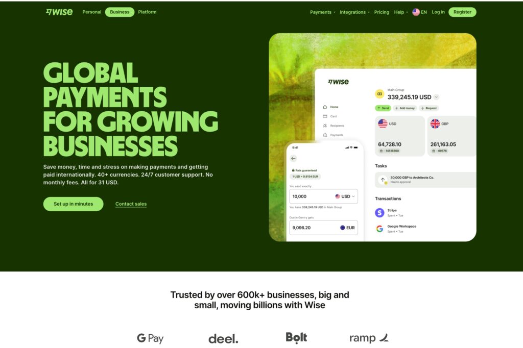 A screenshot of the Wise website, showcasing its global payment solutions for businesses. 