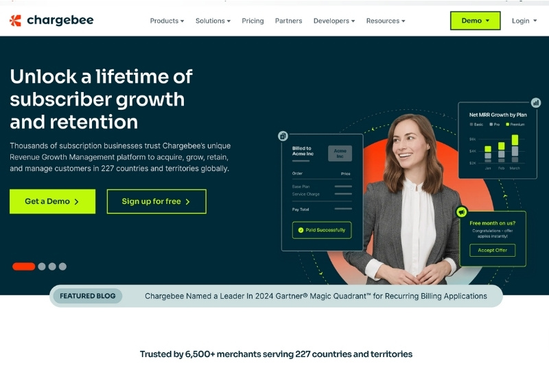 A screenshot of the Chargebee website, showcasing its global payment solutions for businesses. 