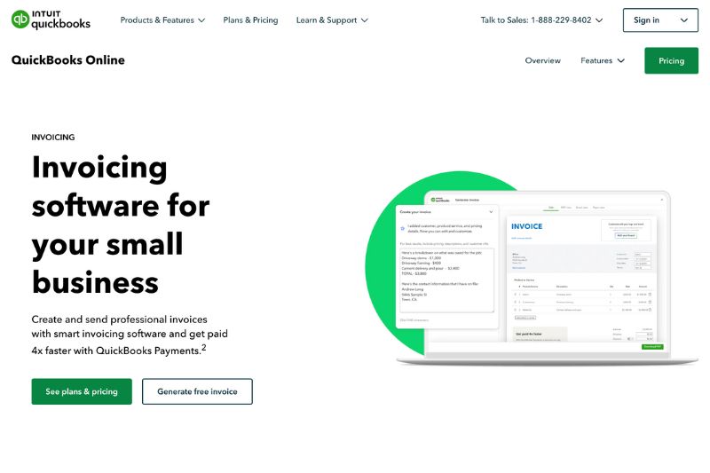 A screenshot of the QuickBooks Online homepage, highlighting its invoicing features