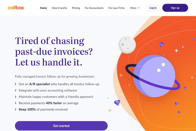 A screenshot of the CollBox website, a platform that specializes in fully managed invoice follow-up for growing businesses.