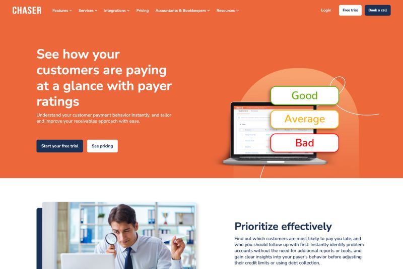 A screenshot of the Chaser website, highlighting its features for improving accounts receivable management.