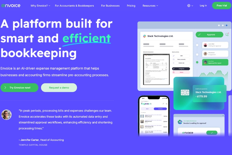 A screenshot of the Envoice homepage, an AI-driven expense management platform with text that reads "A platform built for smart and efficient bookkeeping."