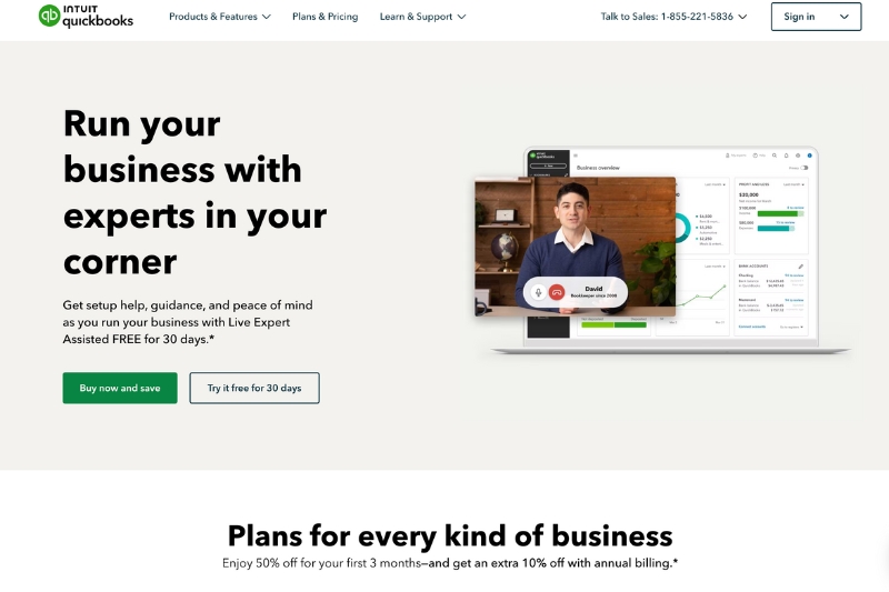 A screenshot of the QuickBooks homepage, an accounting software platform.