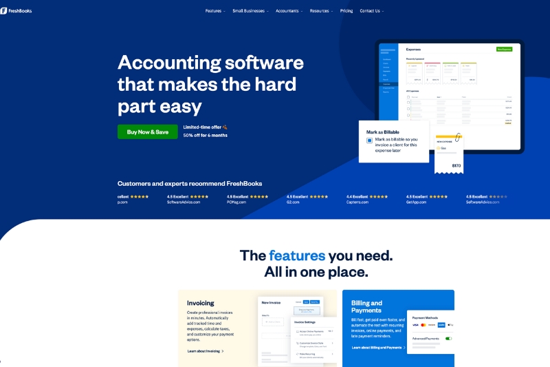 A screenshot of the FreshBooks homepage, an accounting software platform.