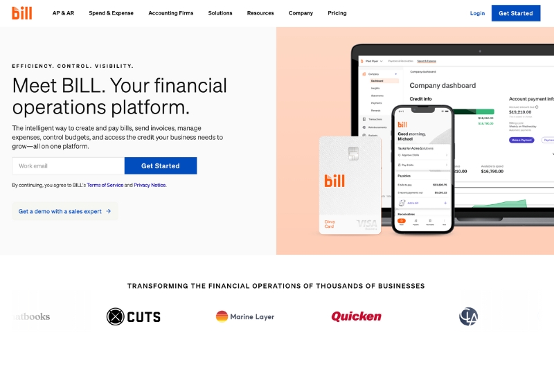 A screenshot of the BILL homepage, a financial operations platform.