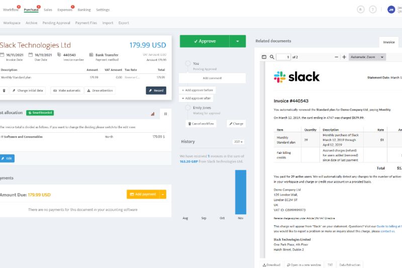 A screenshot of the Envoice software interface showing a detailed invoice from Slack