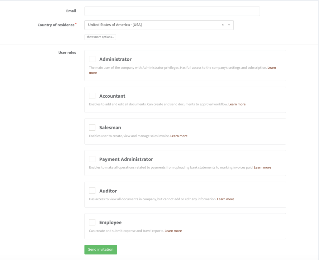 A screenshot of a user registration form for a business accounting software.