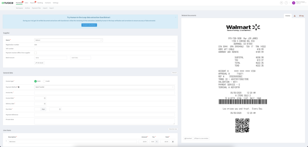 A screenshot of an invoice processing software interface that allows users to extract data from the receipt and automatically populate fields in an invoice template