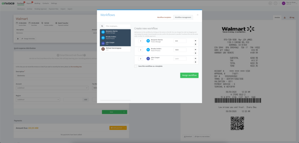 A screenshot of an invoice processing software interface showing a workflow to automate the approval process for invoices from Walmart.