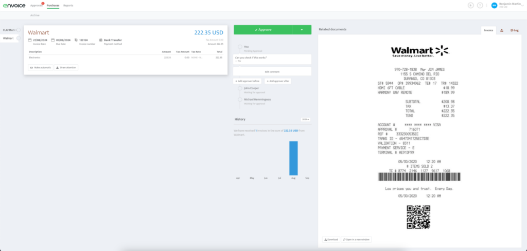 A screenshot of an invoice processing software interface showing a digital receipt from Walmart