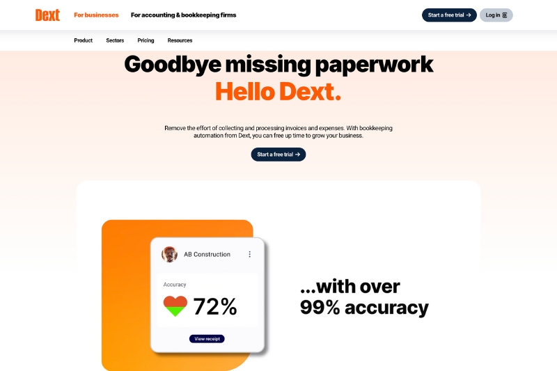 A screenshot of the Dext homepage, an AI-driven expense management platform.