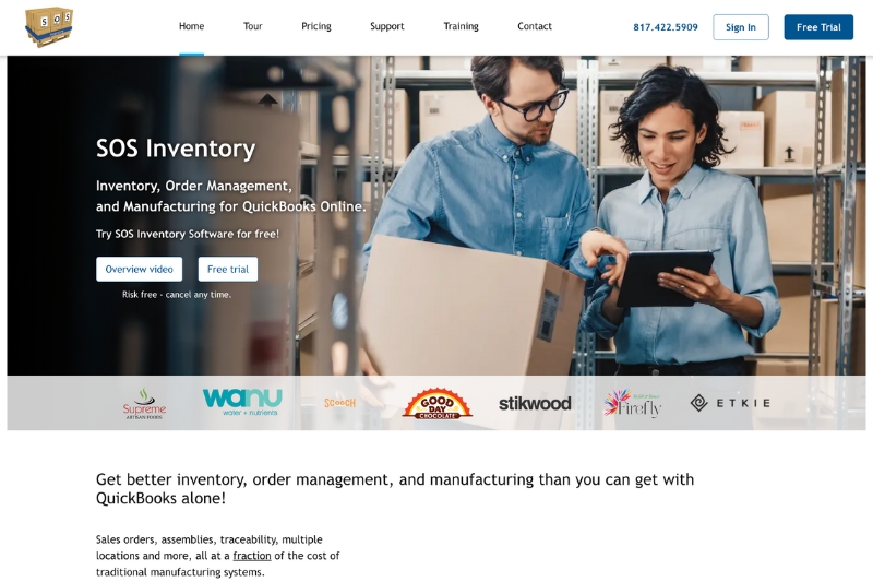 A screenshot of the SOS Inventory homepage, a third-party software for QuickBooks Online