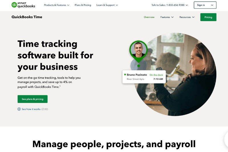 A screenshot of the QuickBooks Time homepage, a time tracking software for businesses.