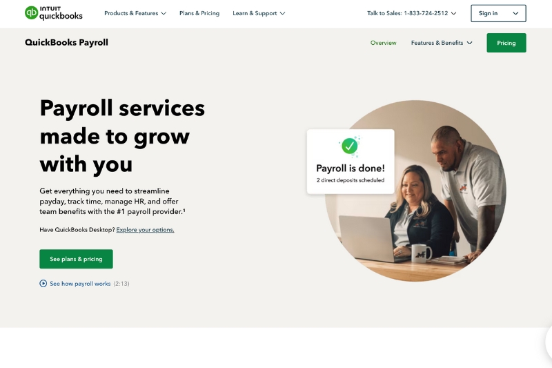 A screenshot of the QuickBooks Payroll homepage