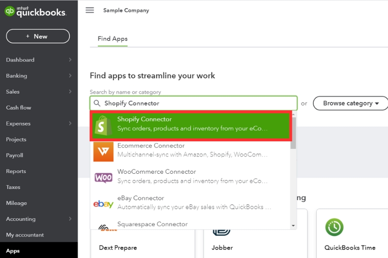 A screenshot of the QuickBooks app store showing a list of available third-party apps.