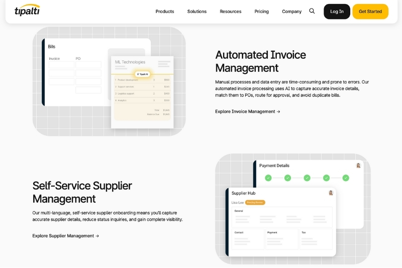 A screenshot of the Tipalti website, showcasing its features for automated invoice management and self-service supplier management