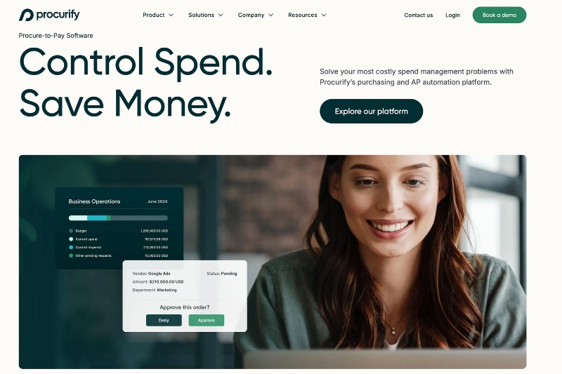 A screenshot of the Procurify website with an image of a smiling professional using AP automation software on a laptop, showcasing streamlined spend management and accounts payable solutions