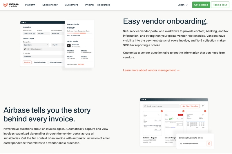 A screenshot of the Airbase website, highlighting its features for efficient vendor management and invoice automation