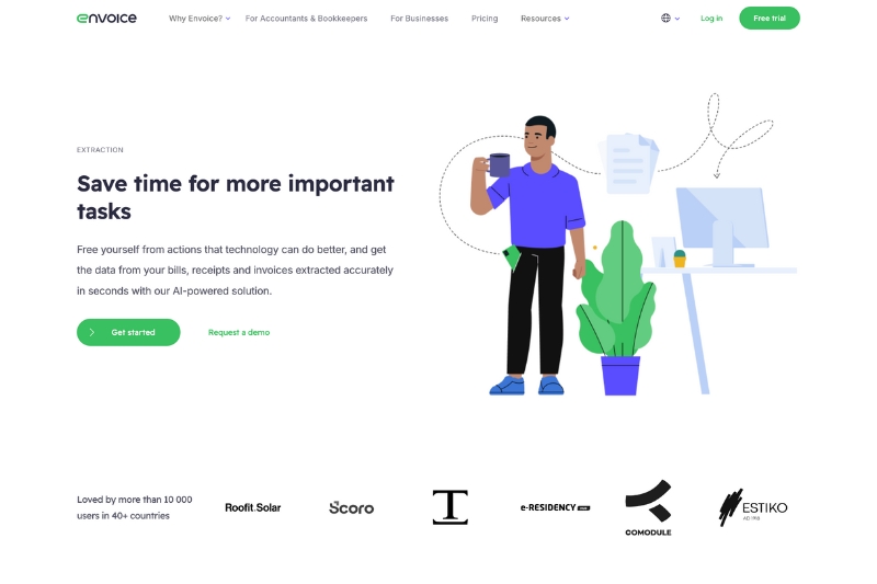 A screenshot of the Envoice website, showcasing its, AI-powered solution, features and benefits for businesses and accounting firms.