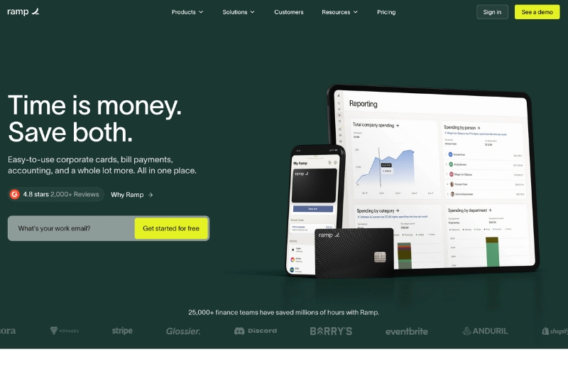 A screenshot of the Ramp website, showcasing its financial management platform for businesses.