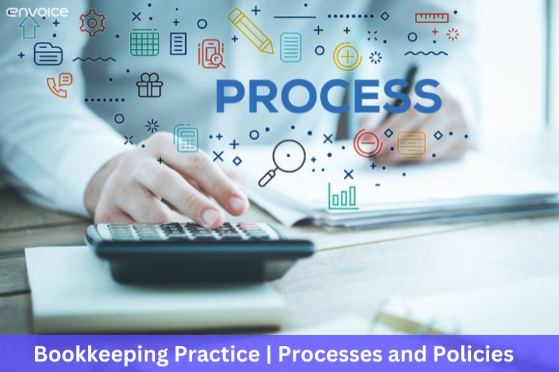 Close-up of a person using a calculator with 'PROCESS' highlighted above, surrounded by icons representing financial tasks and tools, symbolising improved processes in bookkeeping practices.