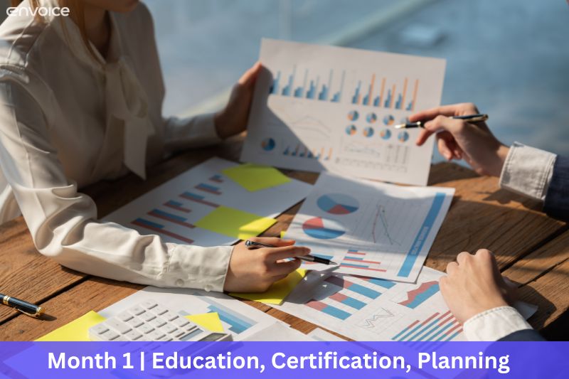 Professionals reviewing tax charts and graphs for Month 1 planning on how to start a tax preparation business.