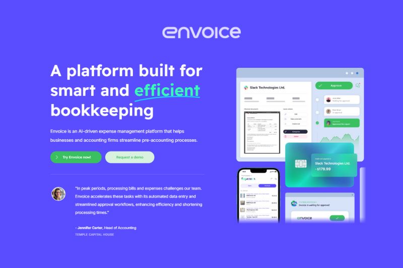The Envoice website screenshot, highlighting its AI-powered expense management platform for streamlined bookkeeping and improved efficiency.