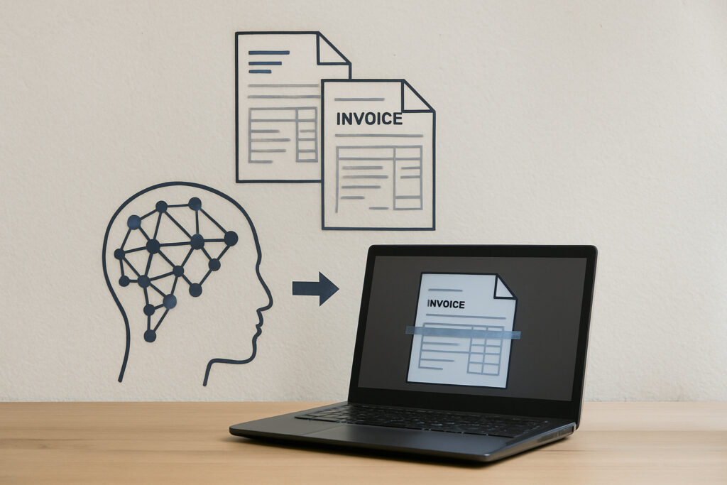 Illustration of invoice recognition software using AI to process digital invoices on a laptop