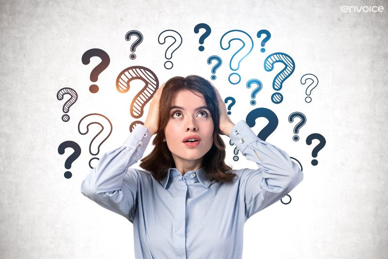 Confused woman surrounded by question marks—exploring invoice recognition software for new users in 2025