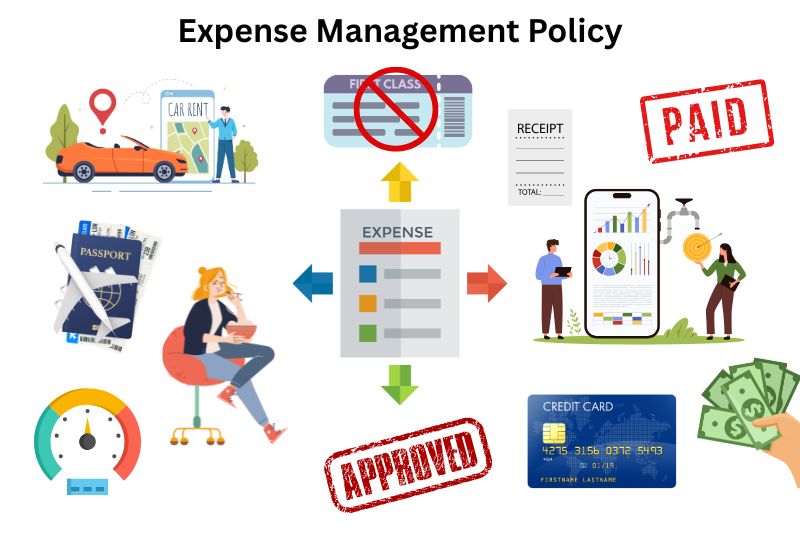 Illustration of a business expense tracker showing approvals, receipts, analytics, and spending controls