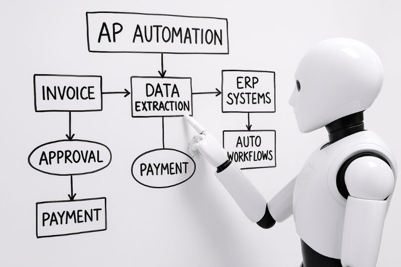 Robot pointing at AP automation workflow showing data extraction, linking AP automation machine learning process