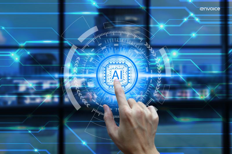 Finger activating AI interface, symbolising ap automation machine learning in financial processes.